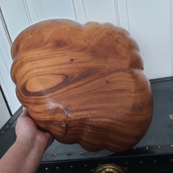 Vintage Hand Made Monkey Pod 2 Compartment Shell Scallop Wood Salad Chip Bowl - Picture 3 of 5